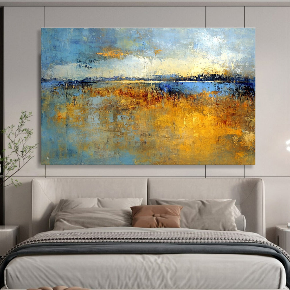 Large abstract painting of marshlands in soft earth tones and blues with gold hints, evoking nostalgia for early mornings in Richard Schmid's style.SC361