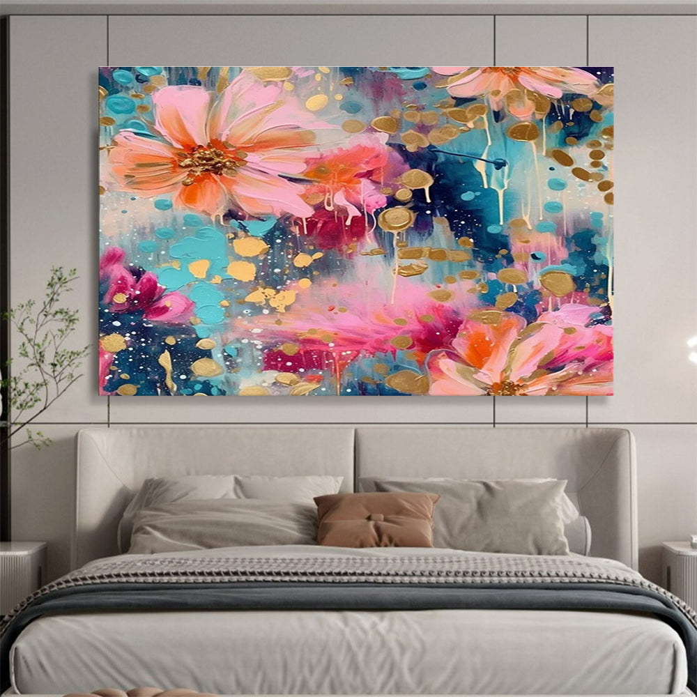 Floral Fantasy Abstract Painting with Pink, Blue, and Gold Accents THY289