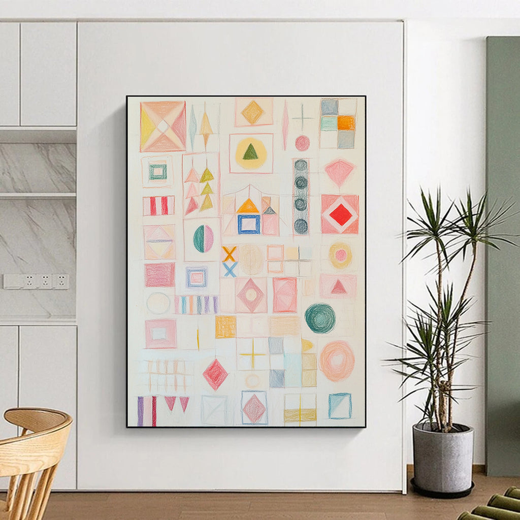 A large abstract artwork featuring soft pastel shapes and symbols in light pink with a calm atmosphere and inviting texture.STSC1206