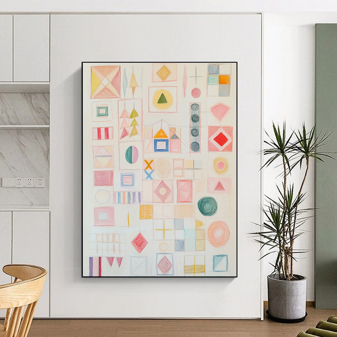 A large abstract artwork featuring soft pastel shapes and symbols in light pink with a calm atmosphere and inviting texture.STSC1206