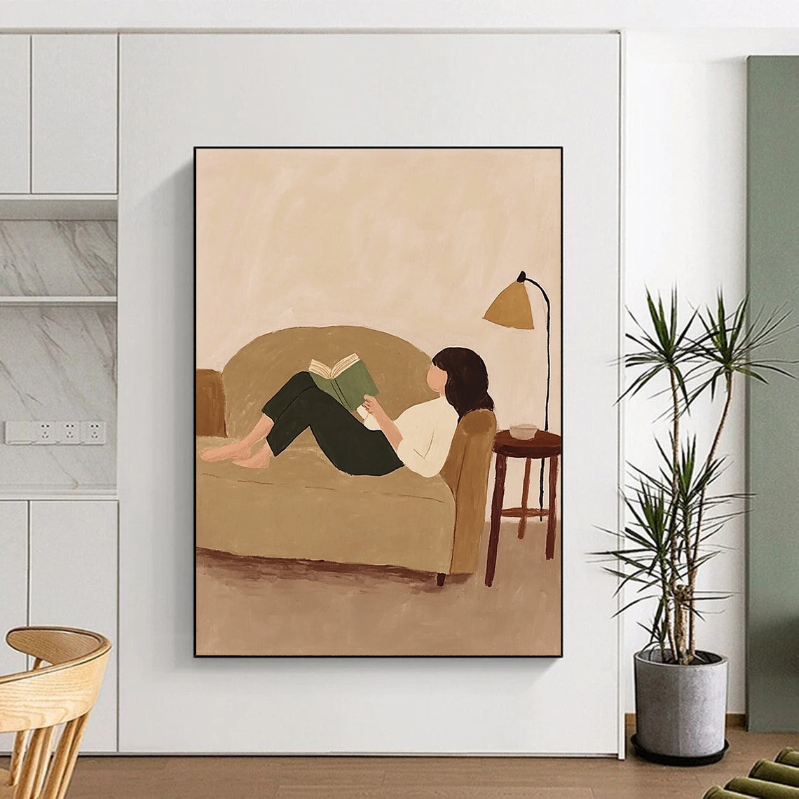 A large abstract painting featuring Krent-7 with whimsical patterns and vibrant fabric scraps on a beige background.STSC1262