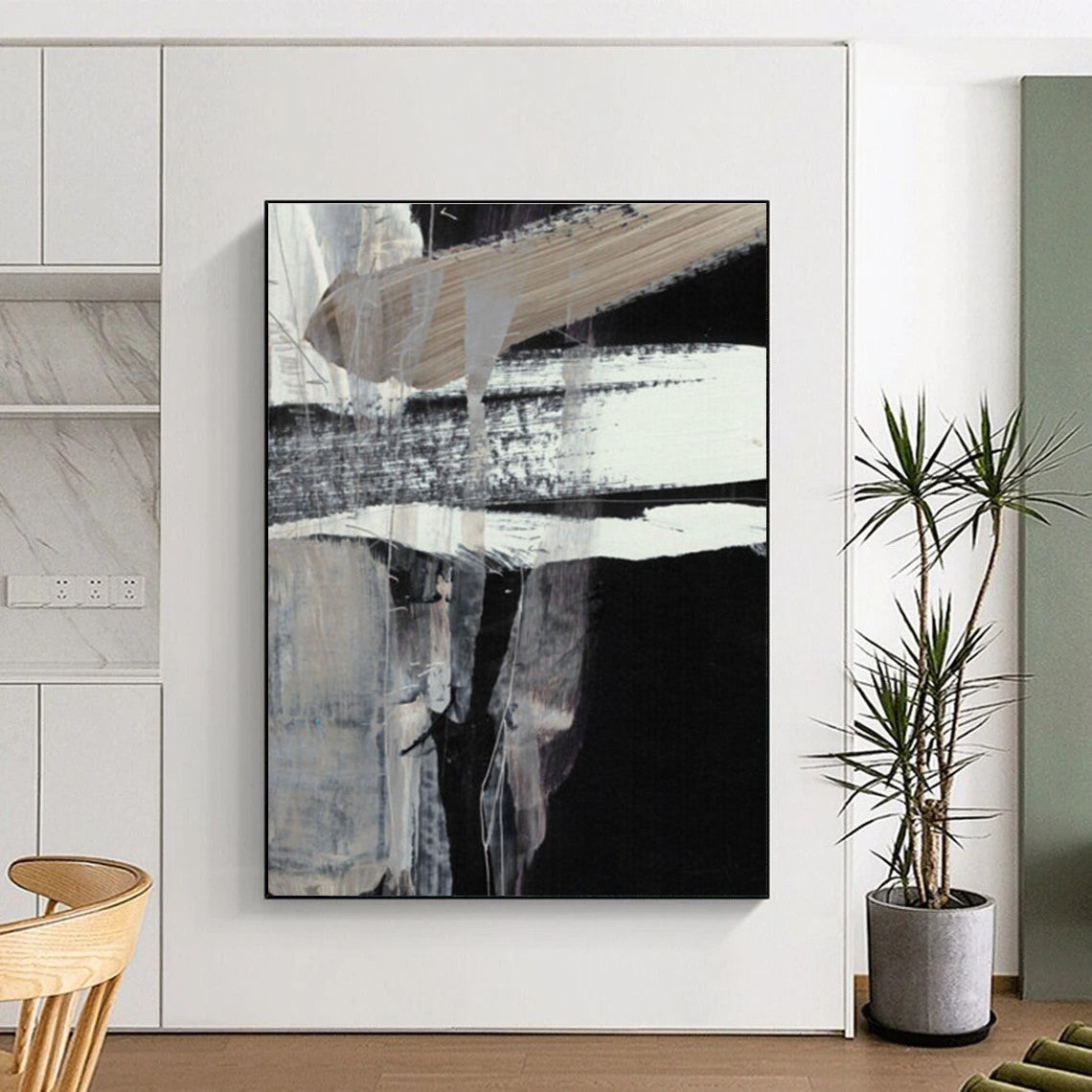 Black and White Abstract with Bold Brushstrokes Painting ADGE193