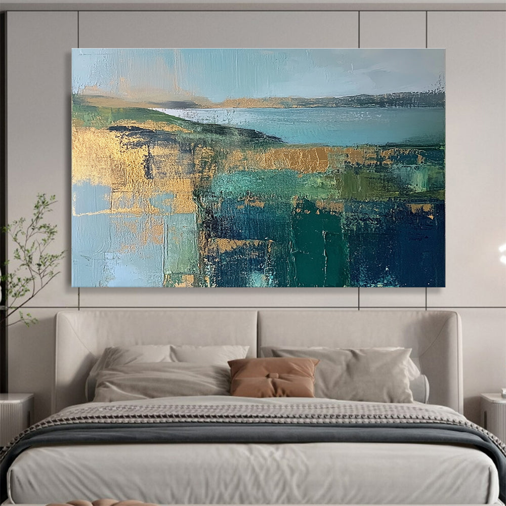 Blue Green Gold Landscape Abstract Painting with Geometric Textures DYP268