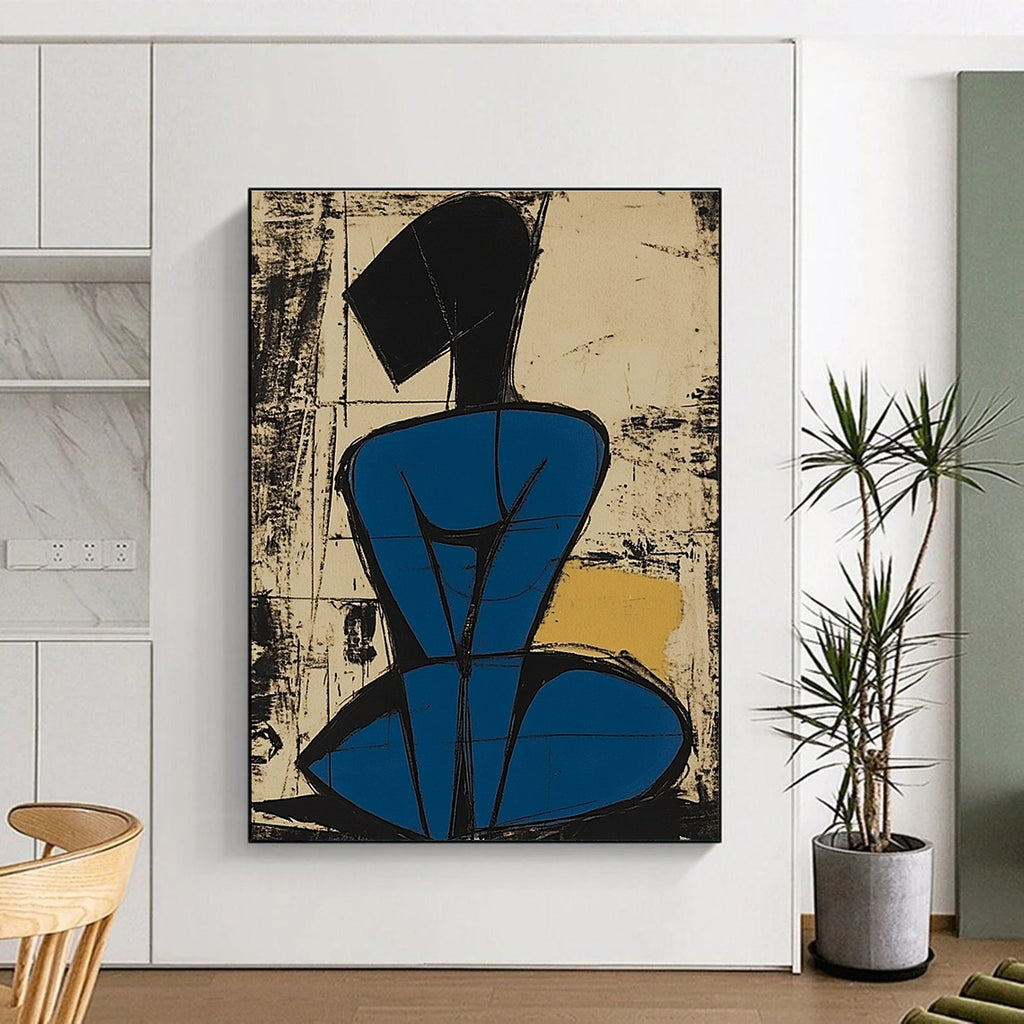 Abstract painting featuring a blue-bodied figure with simplified lines and short hair sitting on her knees against a vibrant background.STSC984
