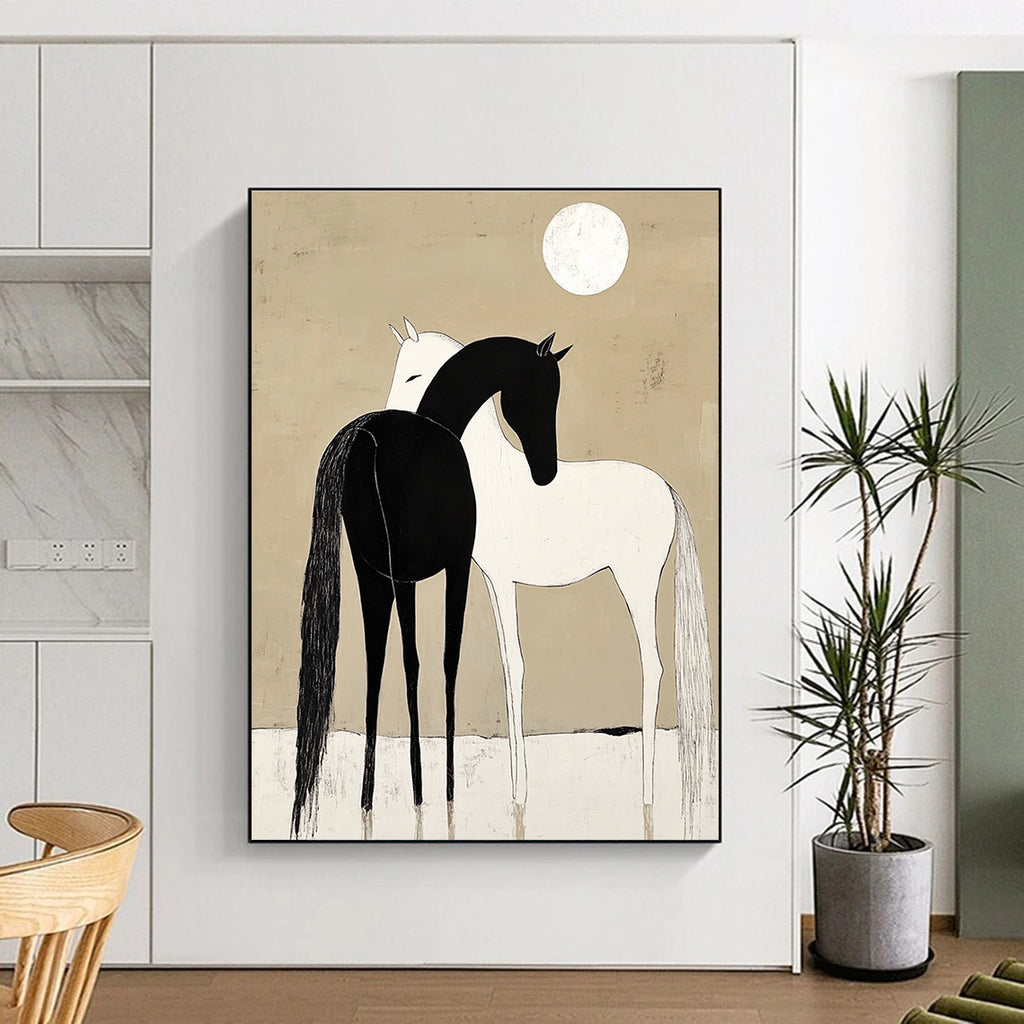A large abstract painting depicting a black horse and white pony cuddling under a moonlit sky with simple shapes and a minimalistic beige background.STSC915
