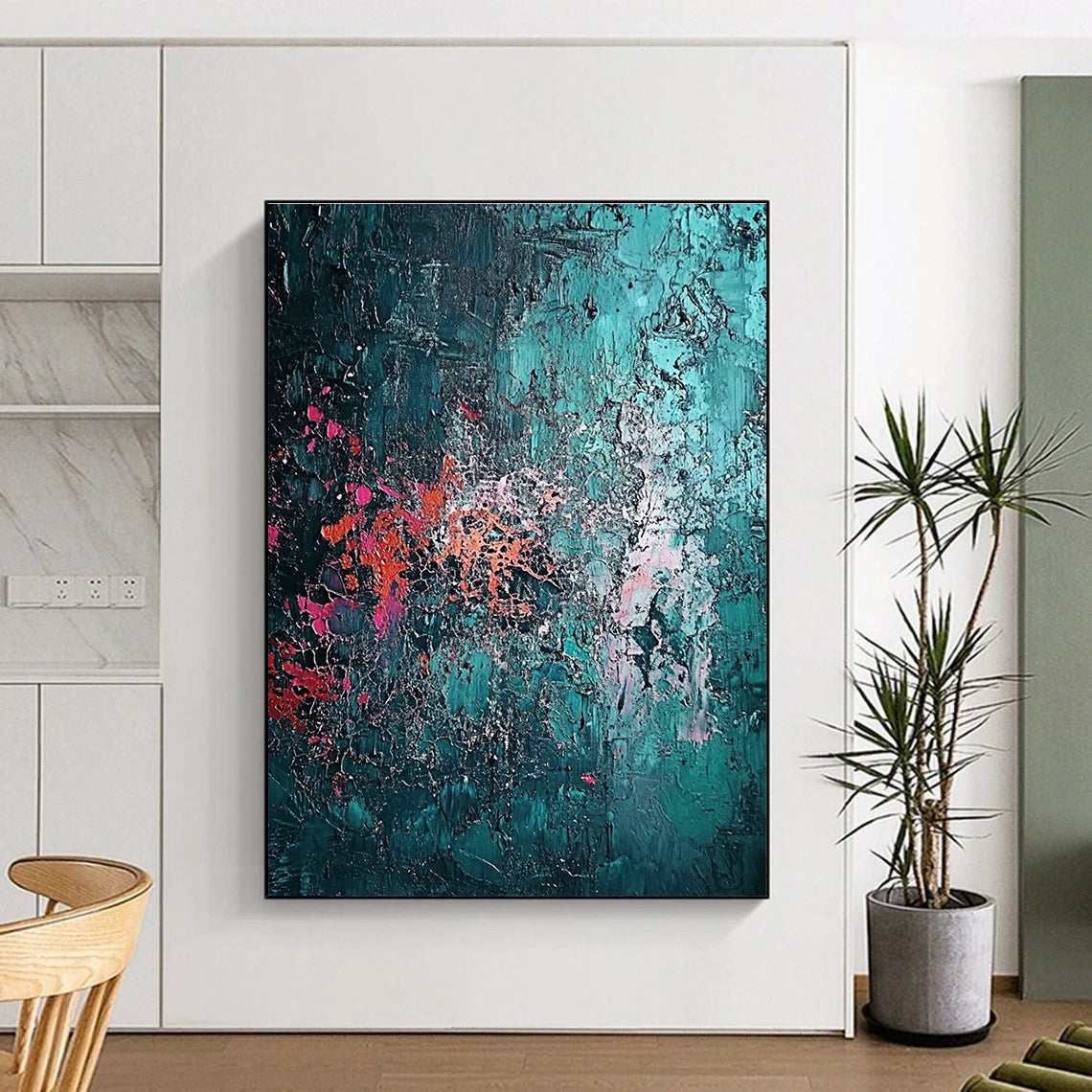 Teal Pink and Orange Textured Abstract Painting with Crackle Effects GER642