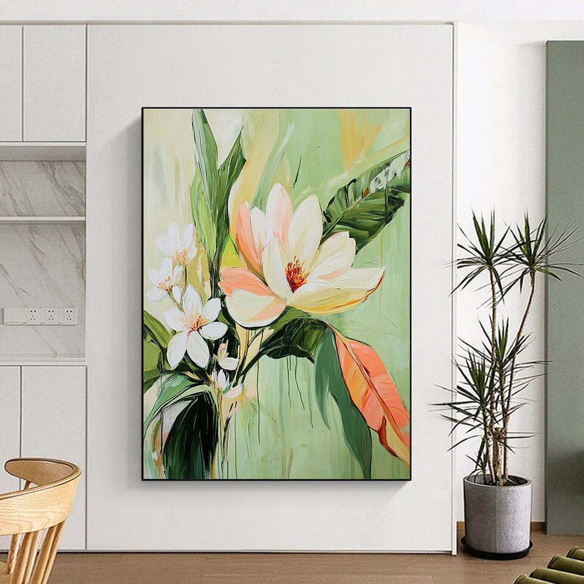 Large abstract painting of tropical flowers featuring a central magnolia and warm light green tones evokes tranquility and calmness.STSC1142