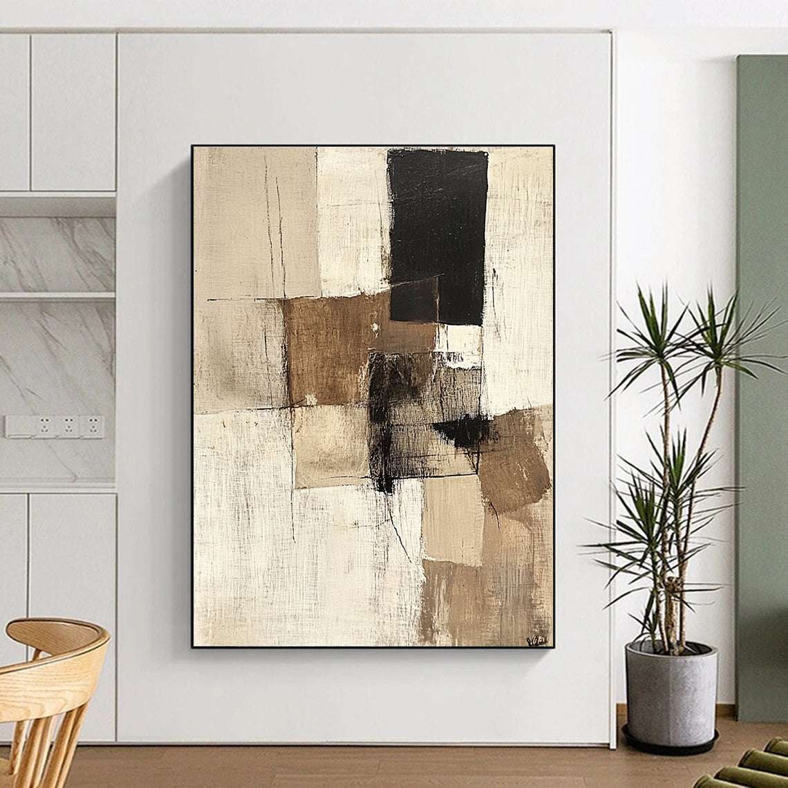 Beige Black Minimalist Abstract Painting with Subtle Lines GER774