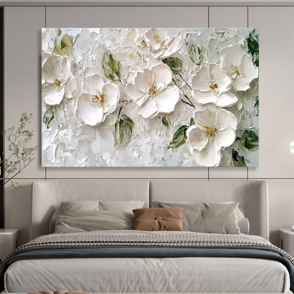 White Floral Texture Abstract Painting with Subtle Green Accents THY304