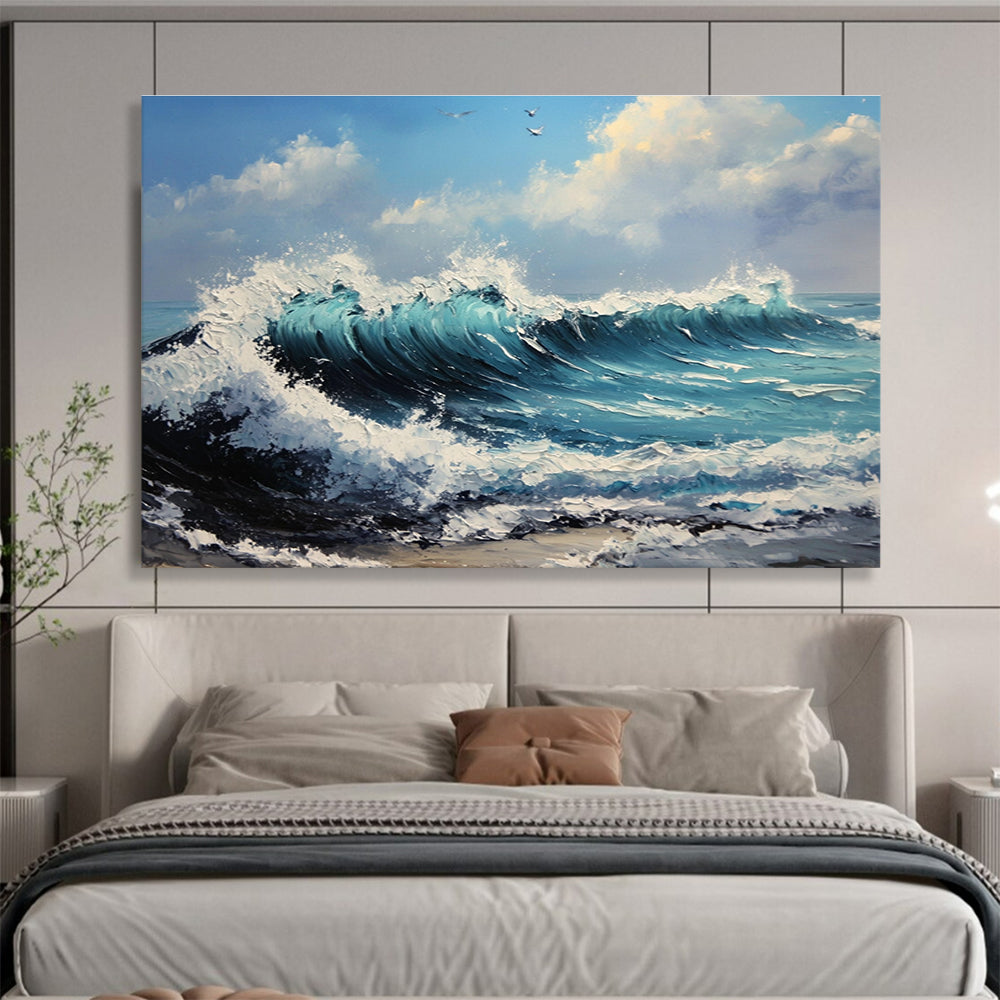 Crashing Waves at Sea Impasto Abstract Painting with Turquoise Blues DYP599