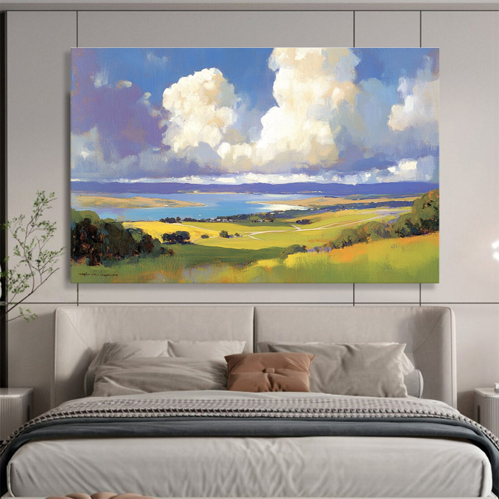 Scenic Landscape View Abstract Painting with Blue Green and Yellow Tones DYP581