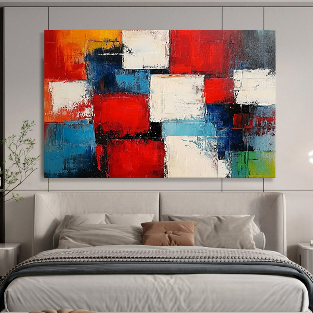 Colorful Square Abstract Painting with Red Blue and White DYP505