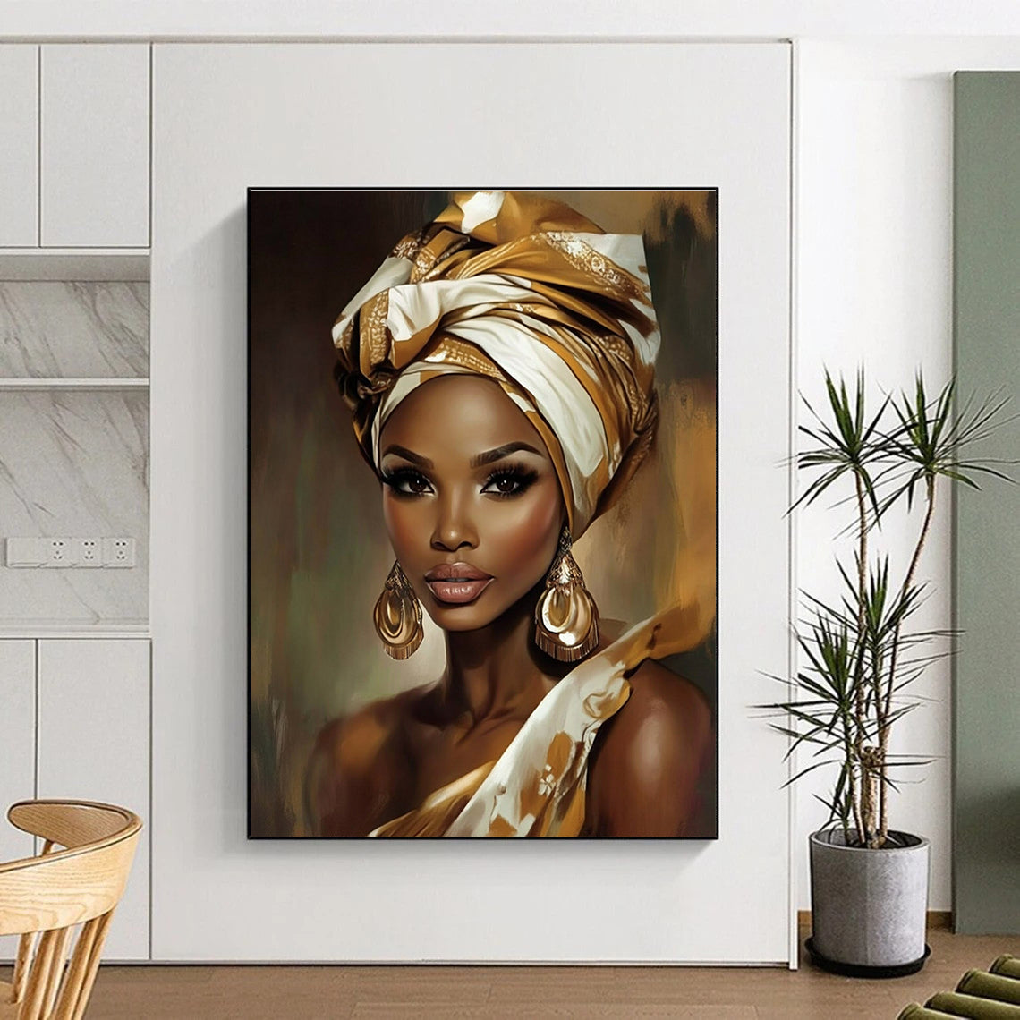 A large abstract painting showcasing a beautiful African woman adorned with a gold and white head wrap and large earrings.STSC892