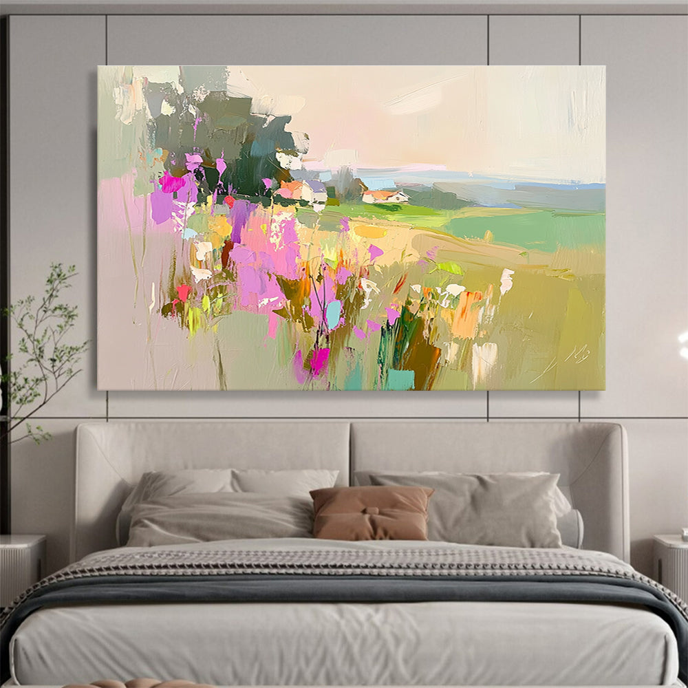 Large abstract painting featuring a floral landscape with fields and a distant cottage in soothing pink purple green and blue tones.SC110