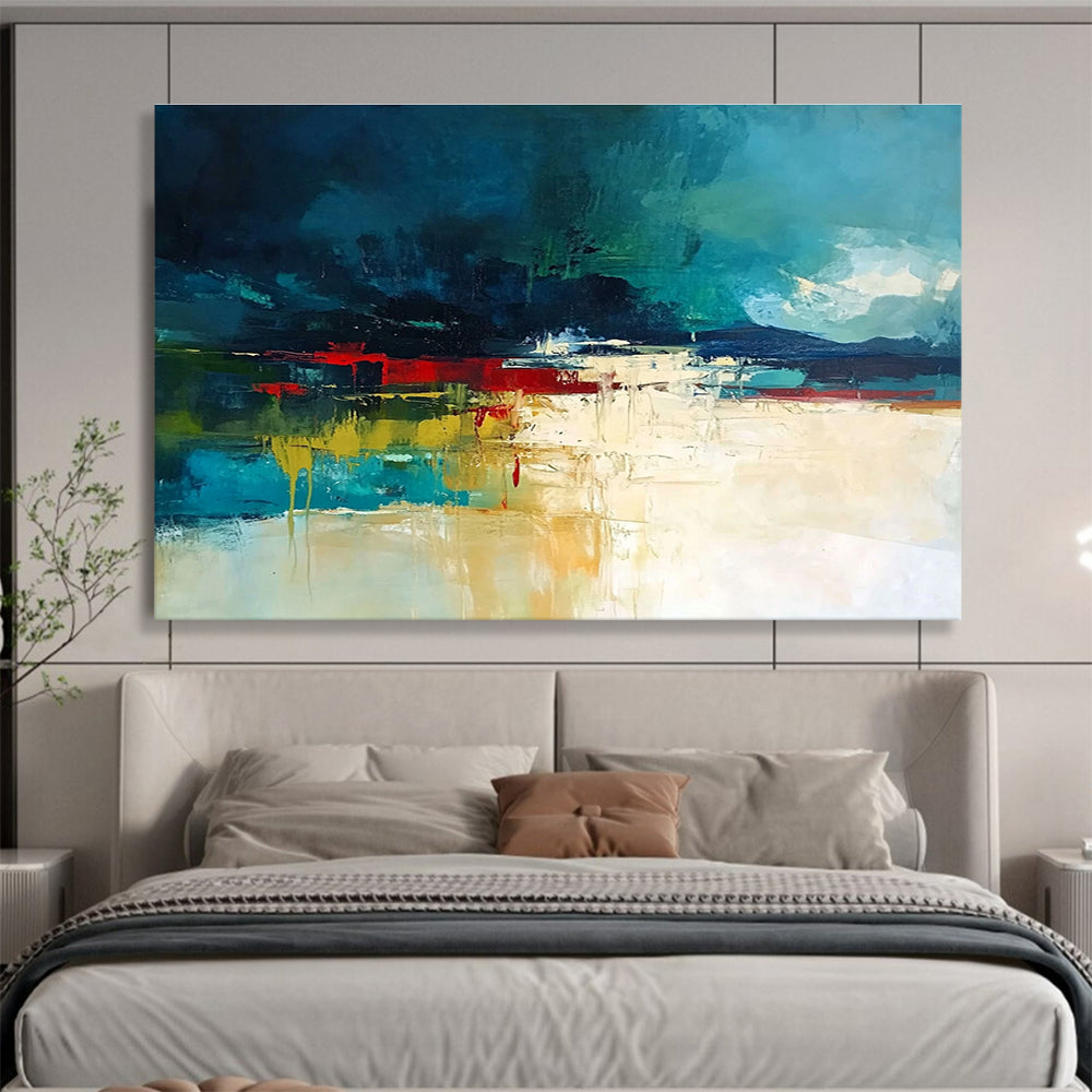Bold Color Block Landscape Abstract Painting with Deep Blues and Reds DYP247