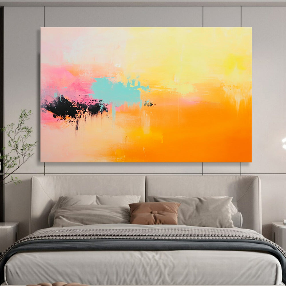 Large abstract painting featuring soft hues of light yellow, pink, orange, and turquoise for a serene and uplifting atmosphere.SC254
