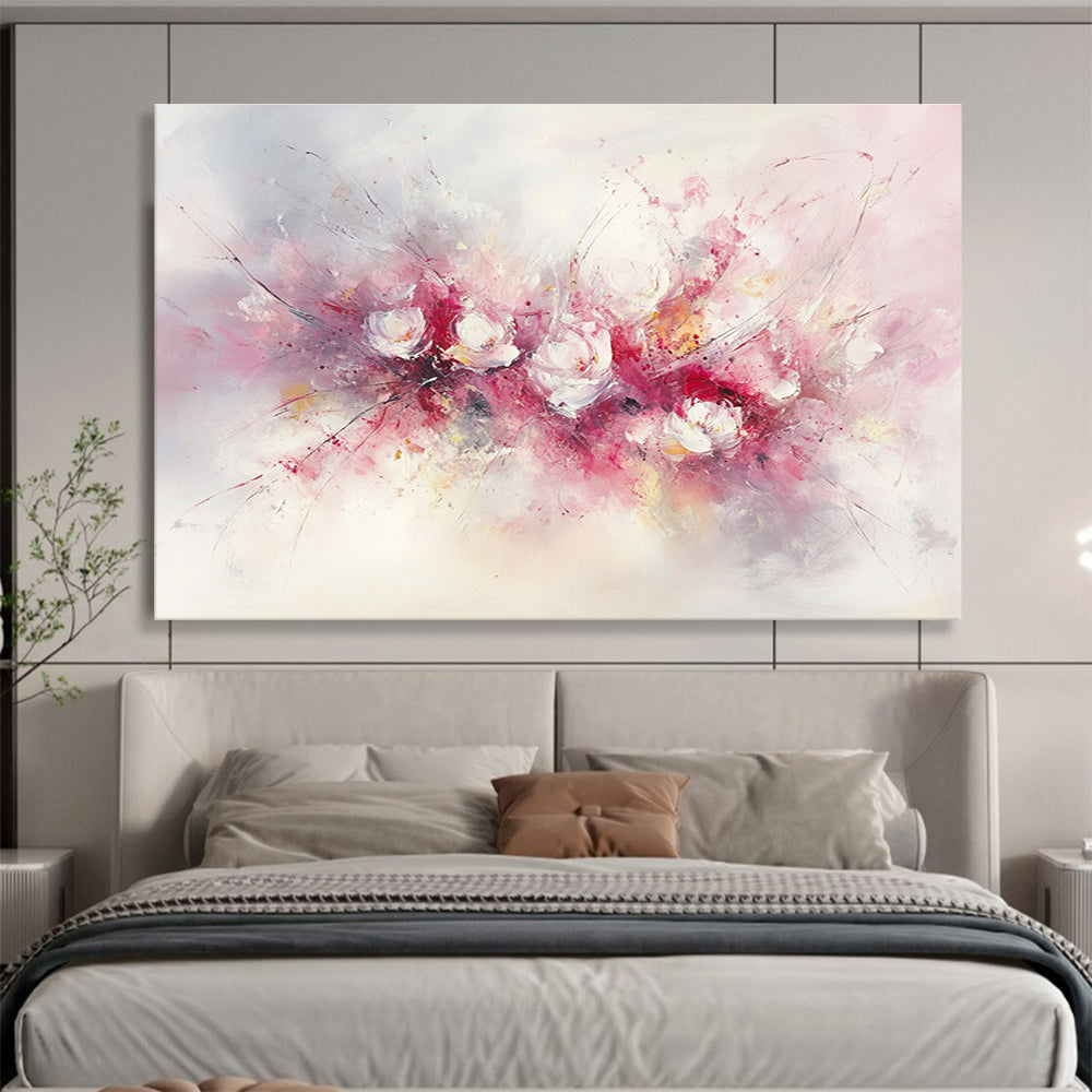 Large abstract painting of flowers in soft pink and white hues featuring bold brush strokes and delicate textures against a light background.SC191