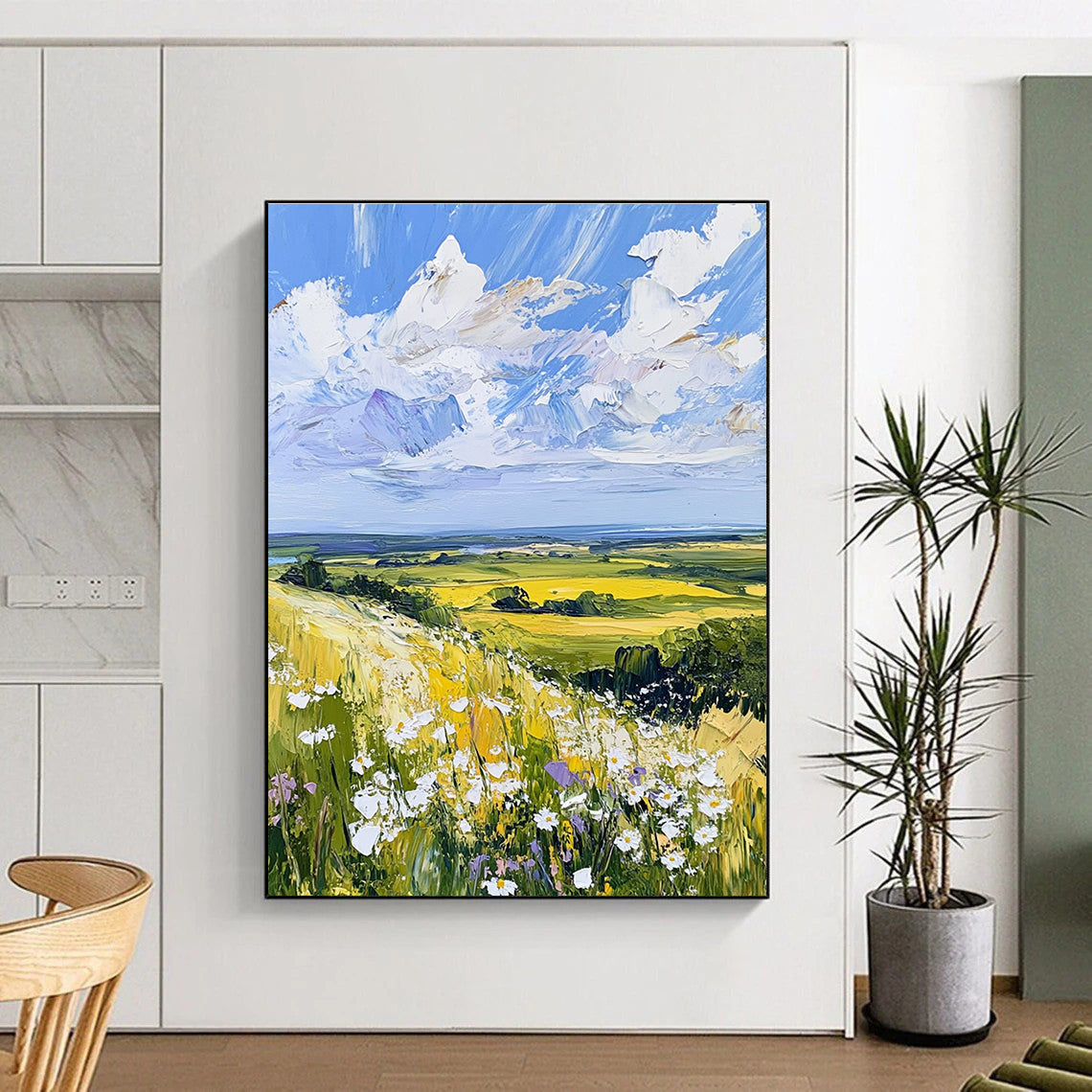 Large abstract painting of the English countryside featuring daisies under a vivid blue sky with fluffy white clouds in a whimsical style.STSC898