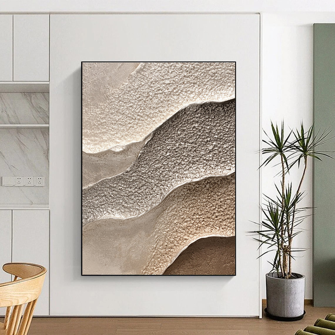 Abstract waves in grey complement detailed textured sandstone in beige and silver, perfect for nature-inspired interior decor.STSC945