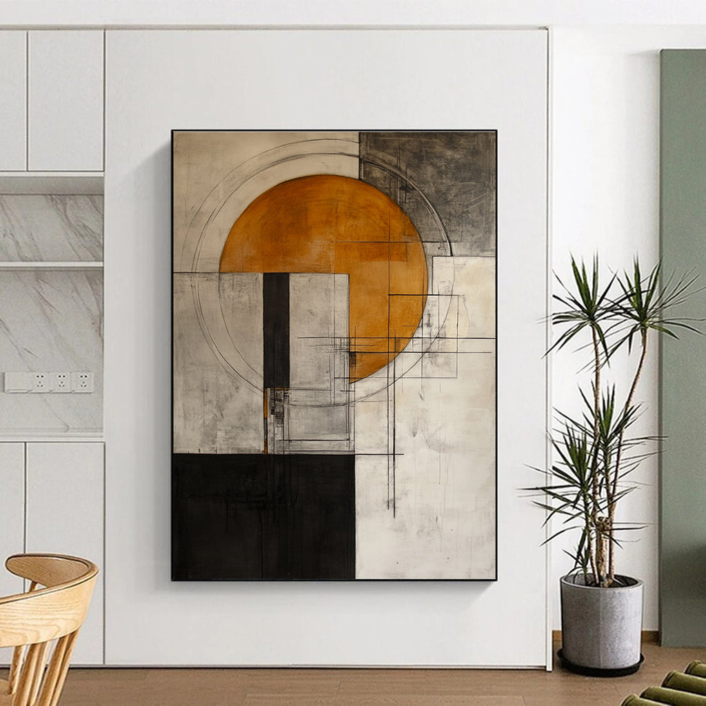 Abstract painting featuring an orange circle on a grey and white background with architectural elements inspired by Peter Driben's style.STSC661