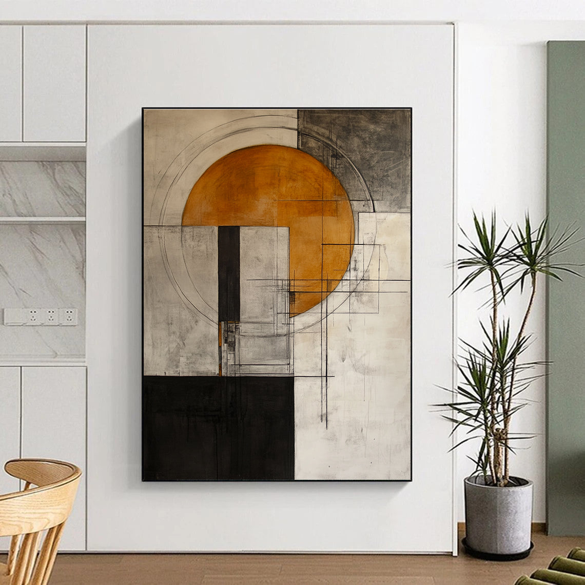 Abstract painting featuring an orange circle on a grey and white background with architectural elements inspired by Peter Driben's style.STSC661