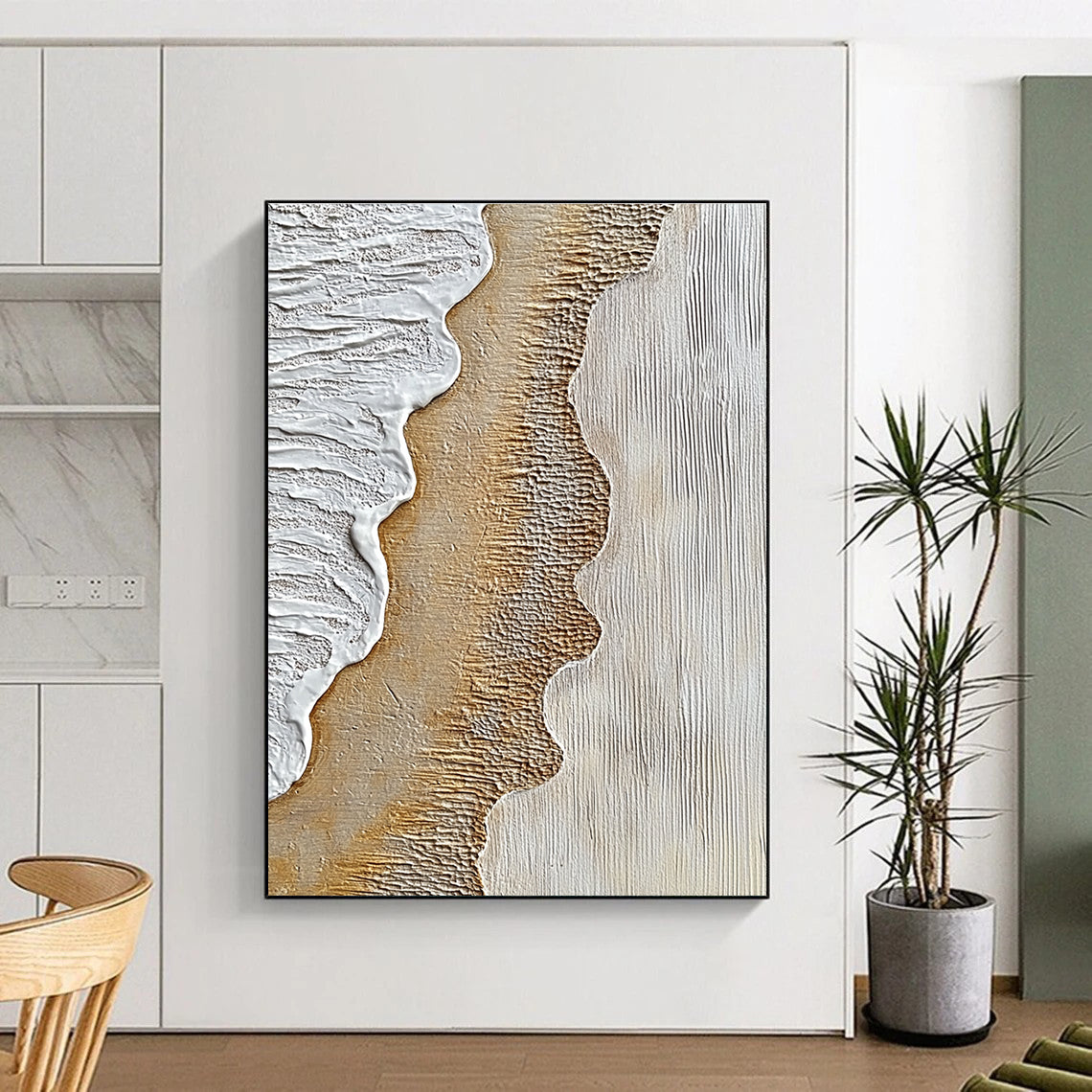 Abstract painting depicting textured sand and crashing waves with warm browns and cool grays for a striking artistic expression.STSC947