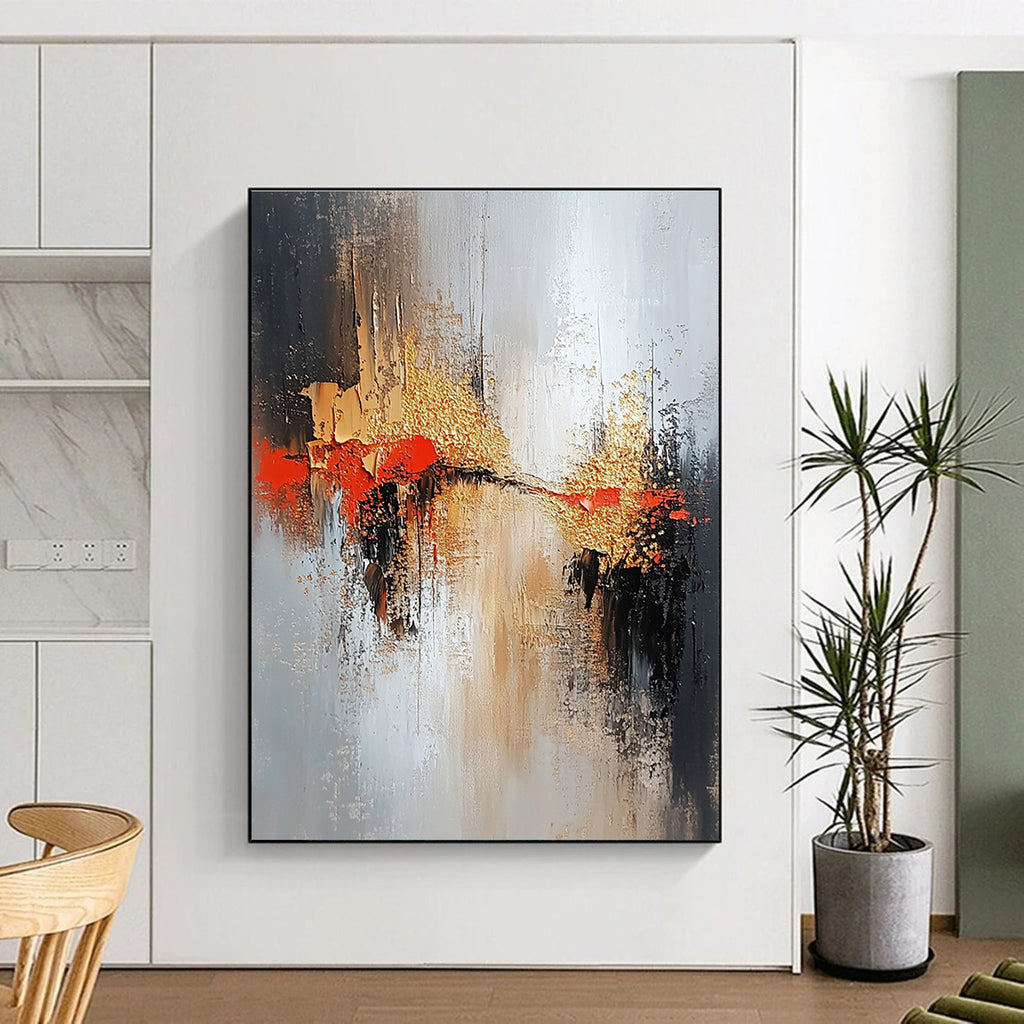 Red Gold and Gray Abstract Painting with Textured Layers GER556