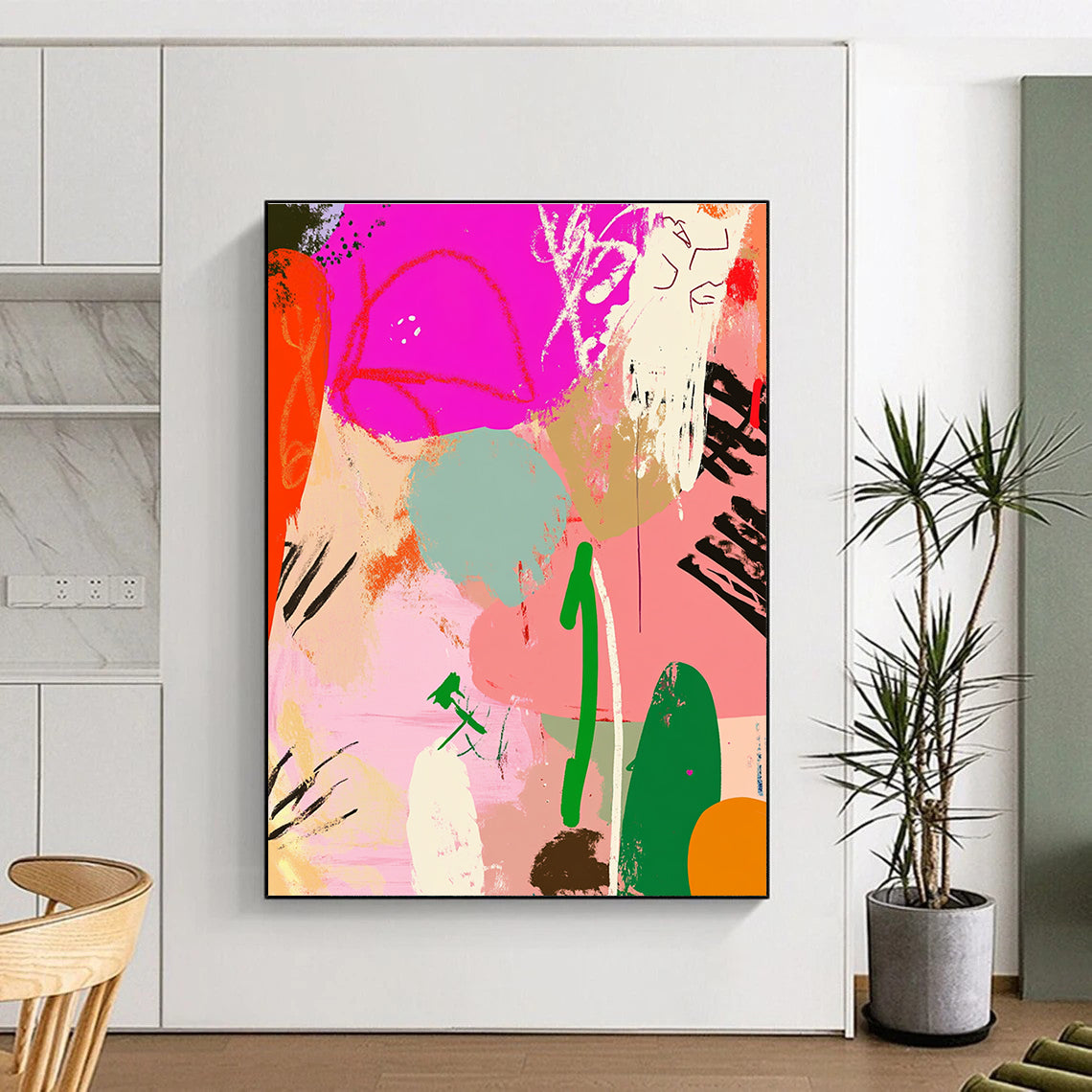 Large abstract painting featuring playful lines and whimsical patterns in pink, green, and orange creating a vibrant collage with organic forms.STSC485
