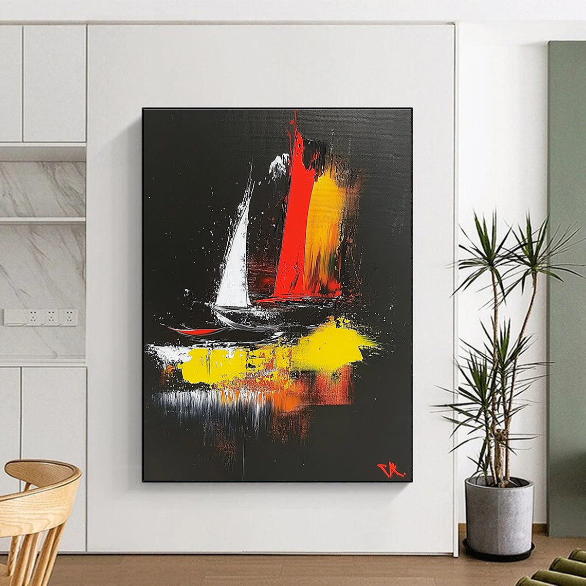 Abstract painting on a black background featuring dynamic red yellow white and black shapes evoking a sailing boat in the wind inspired by Zao Wou-Ki.STSC390