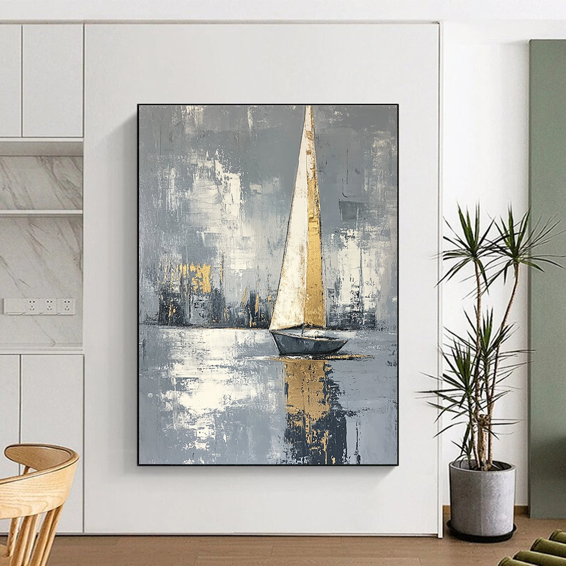 Abstract painting featuring a serene sailing boat with gray background and white gold accents created using soft light and impressionist brush strokes.STSC1420