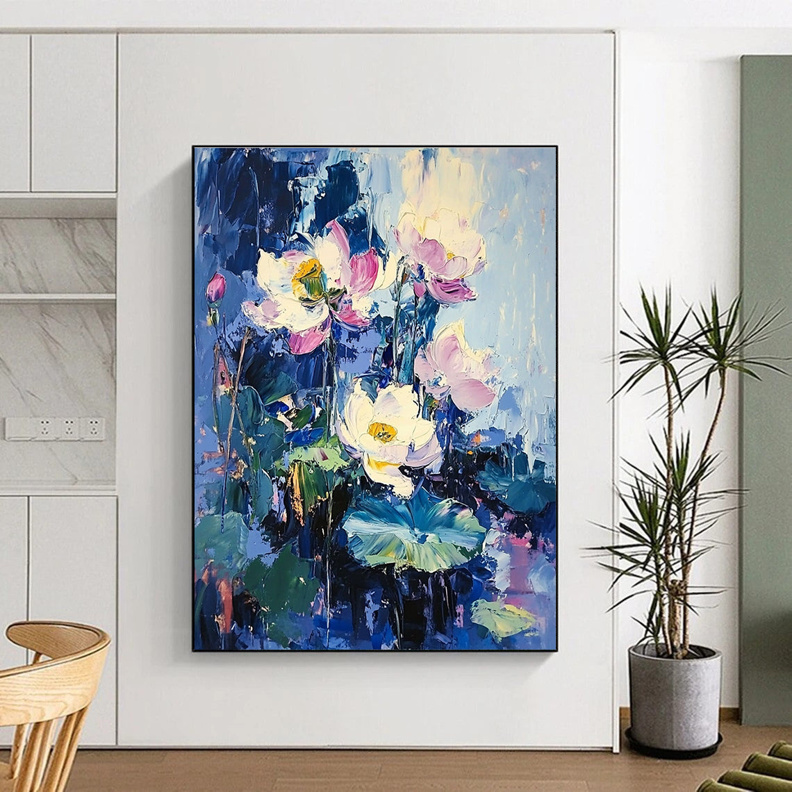 Large abstract oil painting of lotus flowers and leaves in purple and blue with impressionist style and surrealistic elements against a blue sky.STSC190