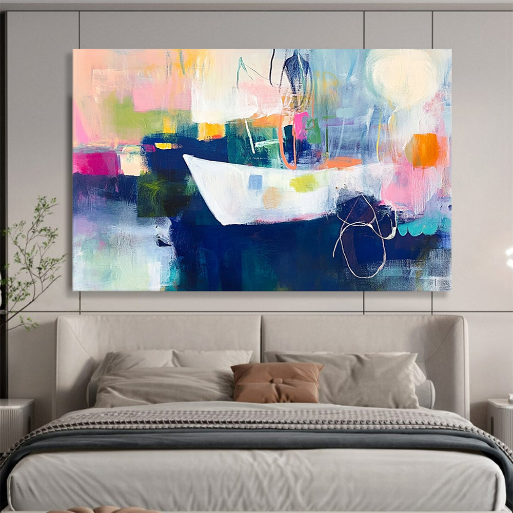 An abstract expressionist painting featuring vibrant colors and loose brushstrokes illustrating the journey of the first female sailor to England.SC306