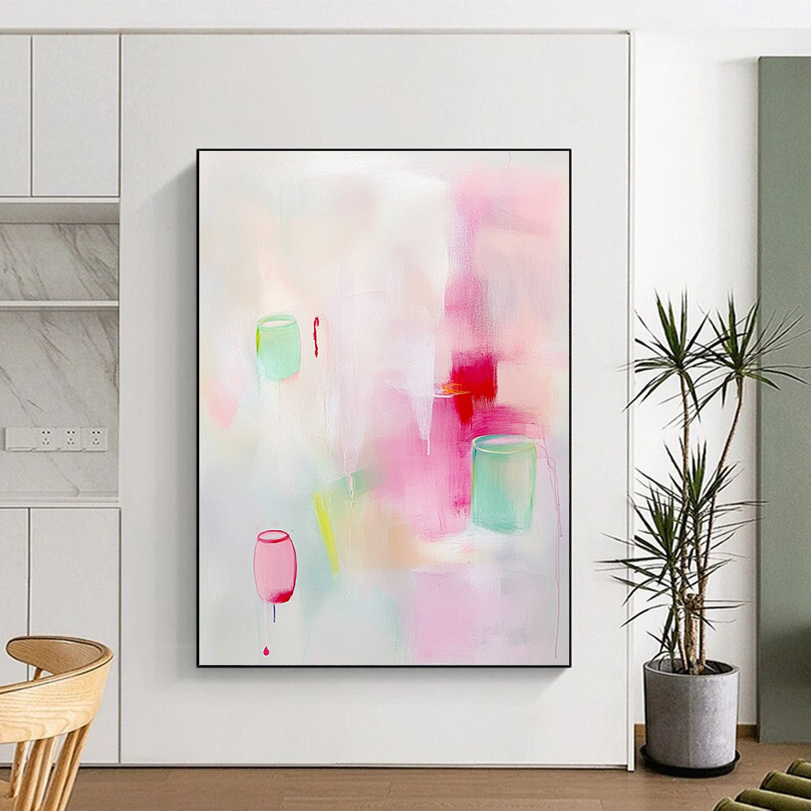 Abstract painting featuring soft pastel colors and elegant light pink and white shades with delicate brush strokes and minimalist design.STSC1311