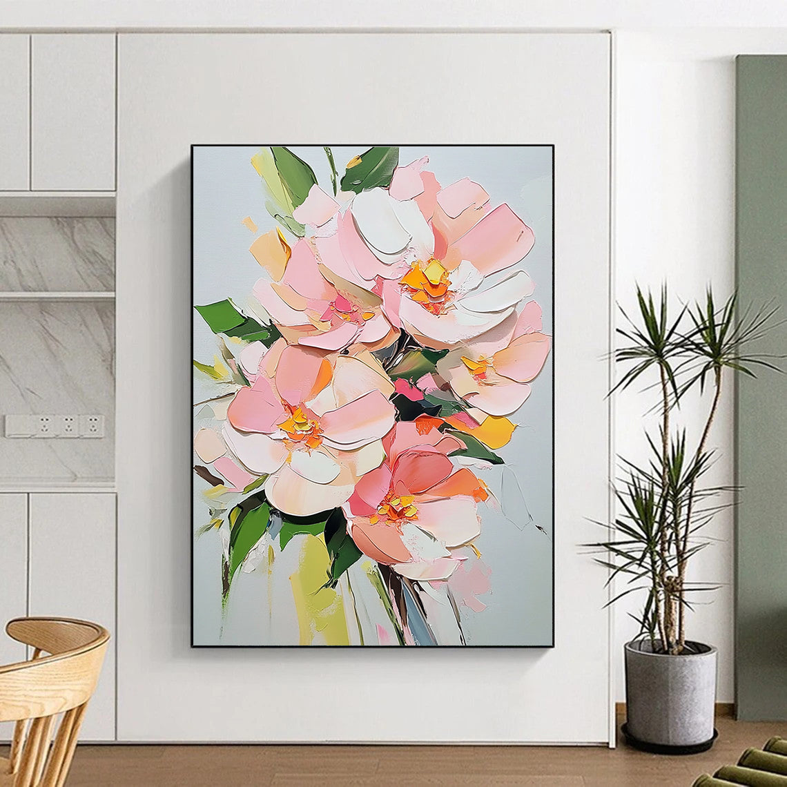 Large abstract painting featuring pink flowers and green leaves on a white background created with acrylic techniques.STSC1412