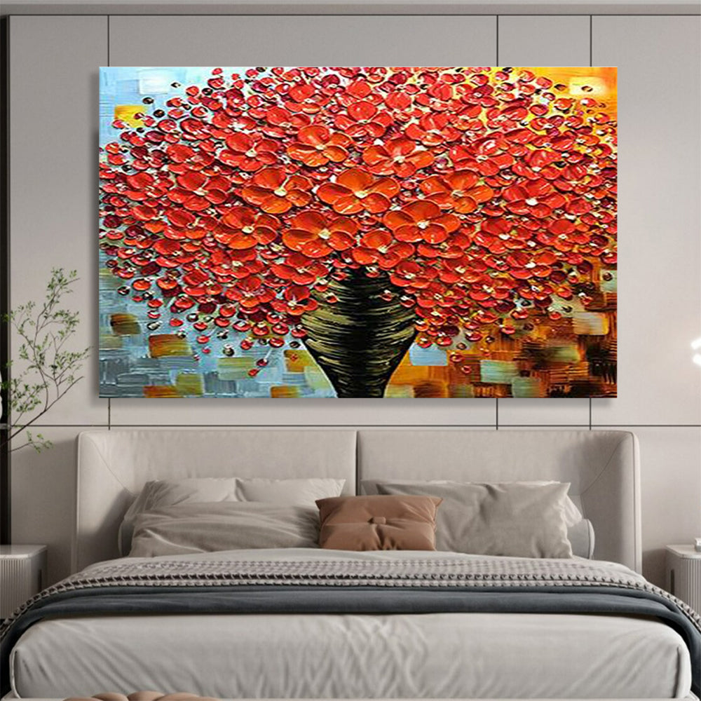 Red Flower Vase Abstract Painting with Textured Petals THY226