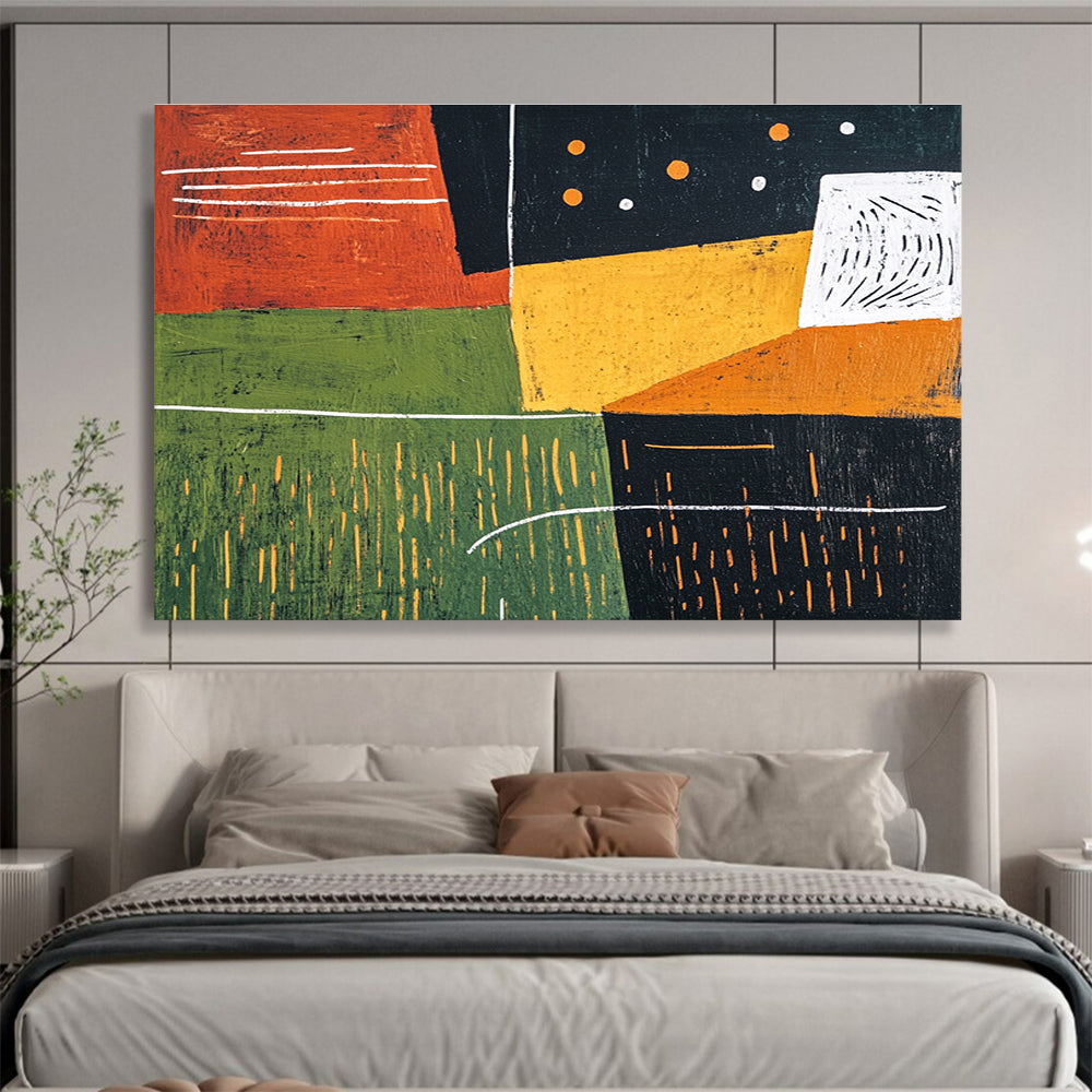 This large abstract painting features bold green orange and black shapes with a dark red background and geometric figures evoking movement and freedom.SC520
