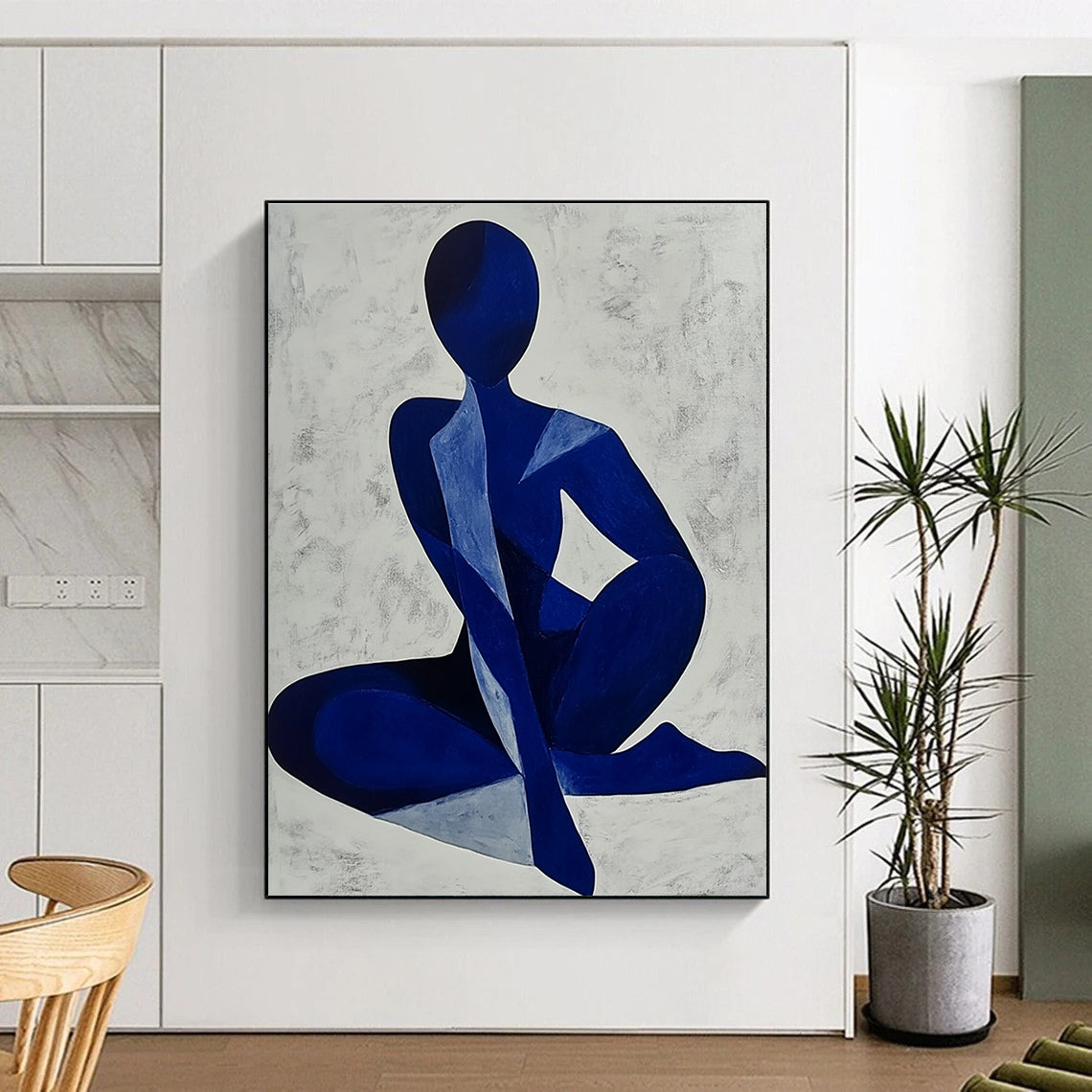 Abstract painting of a blue woman’s body, minimalist style with monochrome colors on light grey background, perfect for modern decor.STSC1405