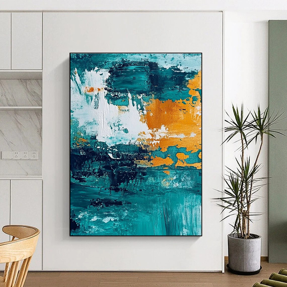 Teal Orange Abstract Painting with Textured Strokes GER793