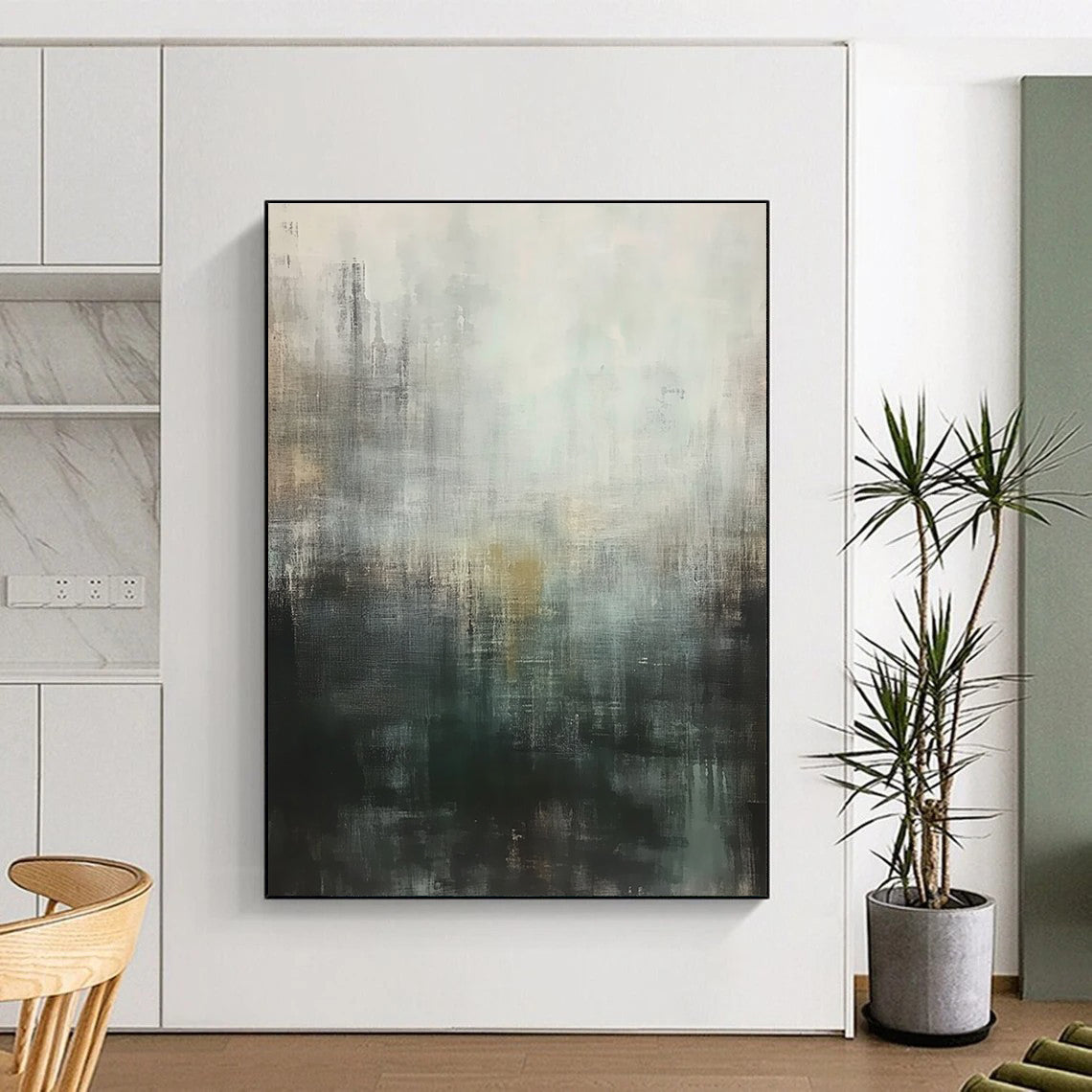 Large abstract painting featuring muted gray tones with hints of green and brown conveying a calm yet melancholic urban landscape.STSC604