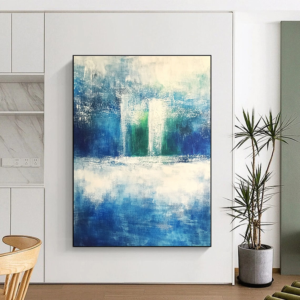 Large abstract painting evoking serene nature with shades of blue green gray and white featuring dynamic brushstrokes of rolling hills and waves.STSC368
