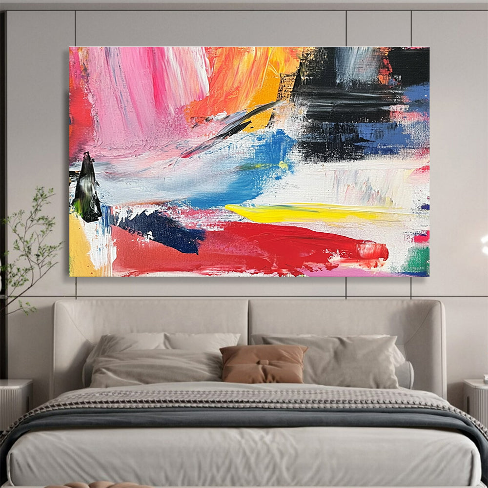 Abstract painting with vibrant colors and bold brush strokes evokes springtime joy and energy in a lively landscape of reds yellows and blues.SC437