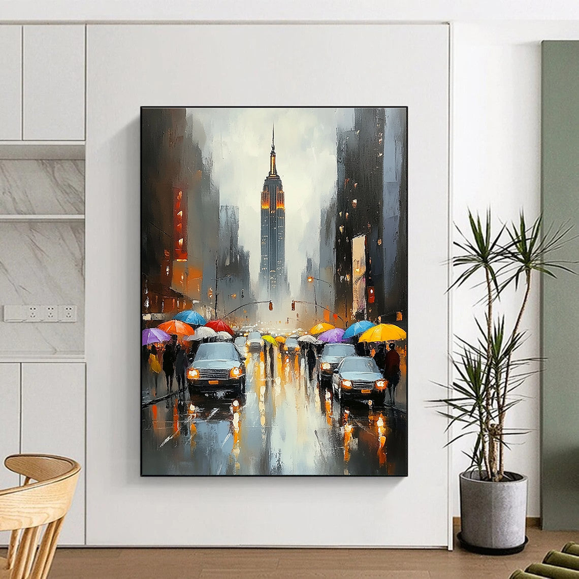 Abstract painting featuring New York City with the Empire State Building vibrant colors rain reflections and soft brush strokes capturing city life.STSC1362