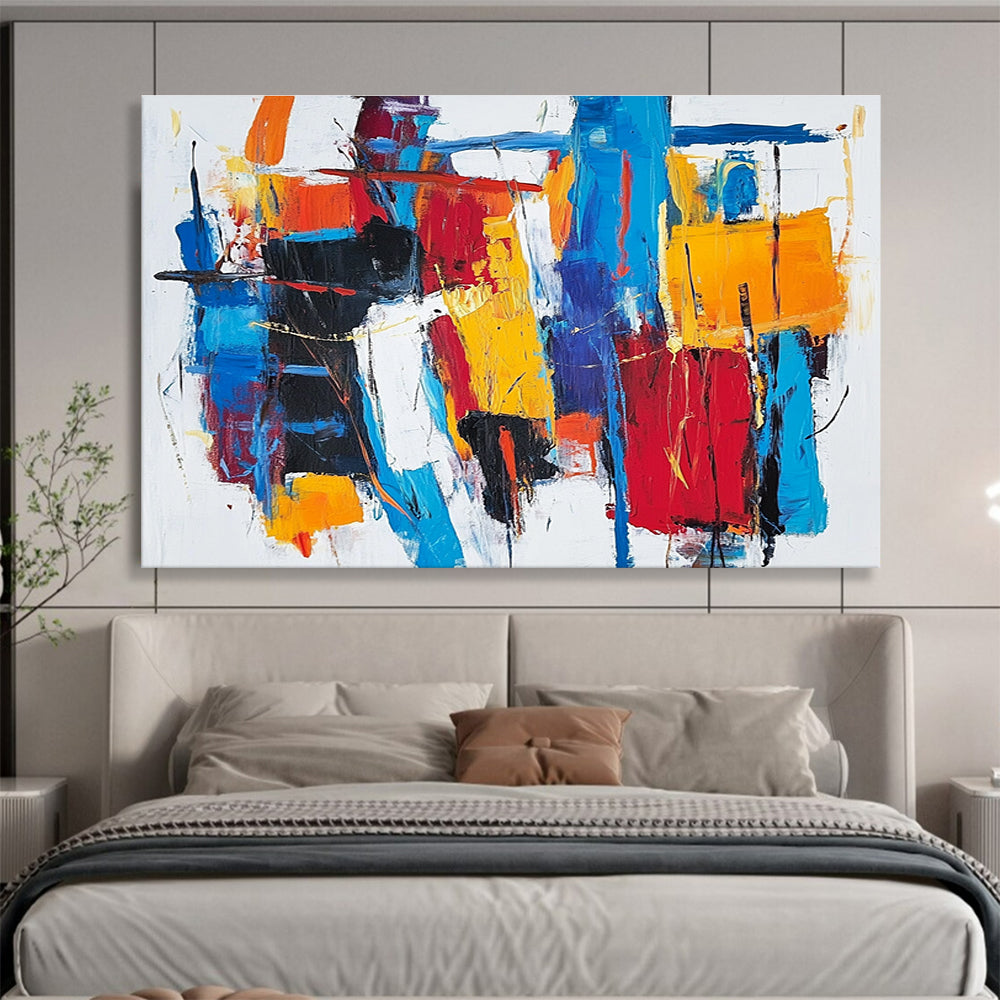 Large abstract painting with thick brush strokes and vibrant reds blues and yellows creating a unique abstract cityscape on a white background.SC262