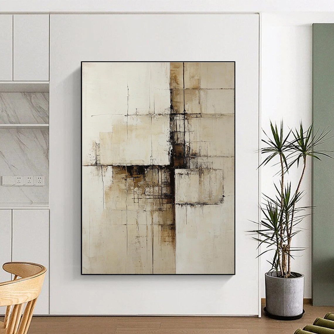 Beige and Brown Abstract Painting with Architectural Lines GER547