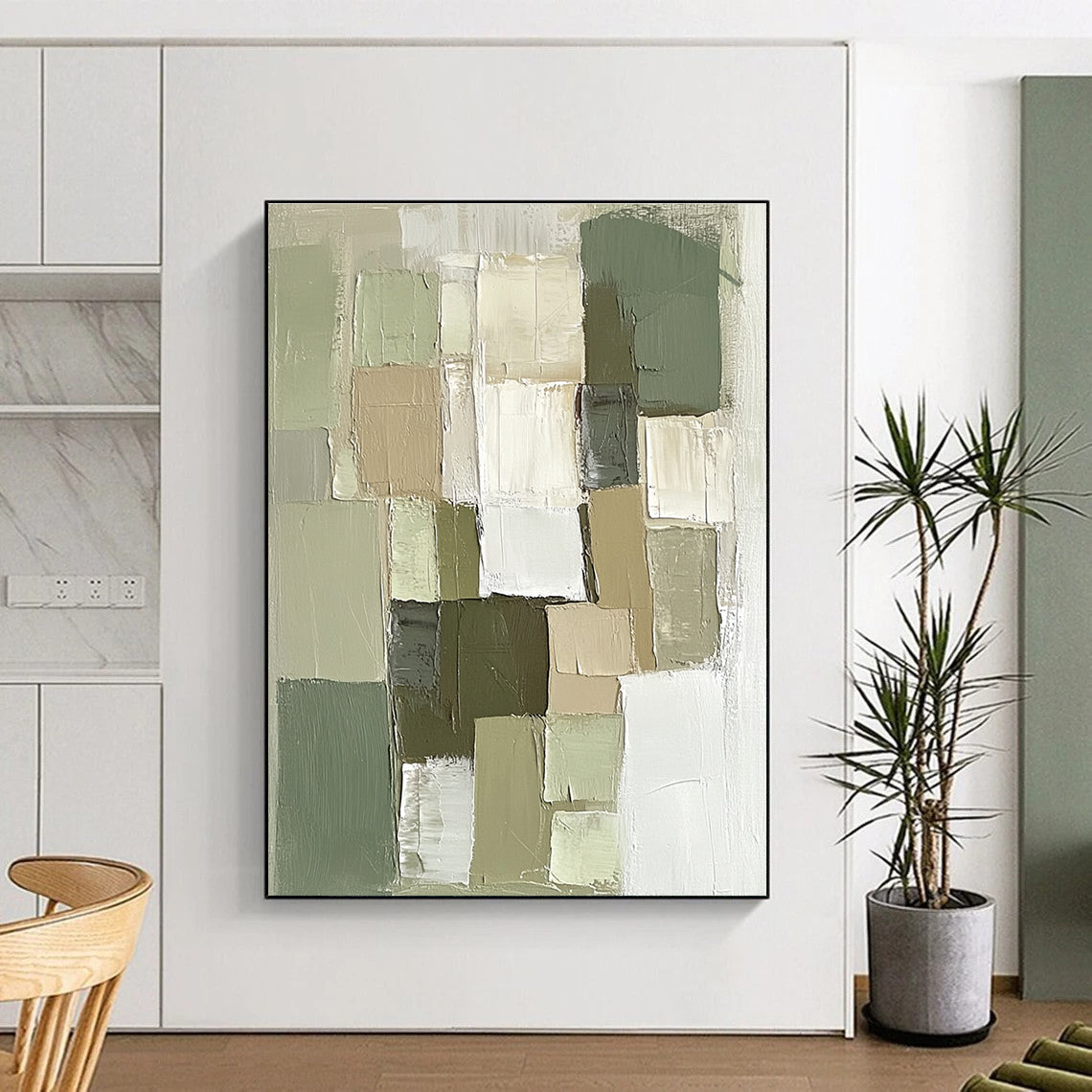 Green Beige Abstract Painting with Geometric Blocks GER811