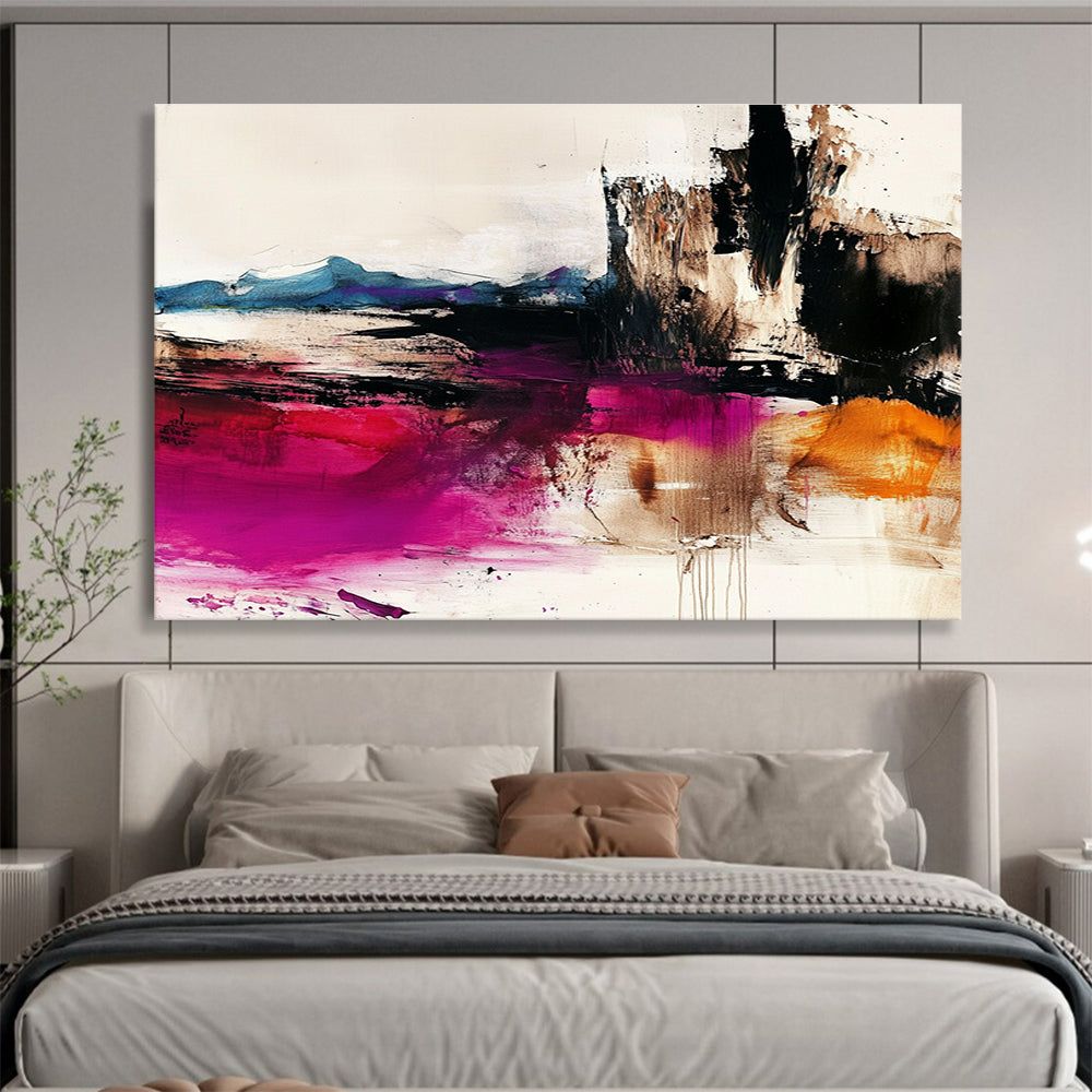 Large abstract painting depicting the desert with dark whites light beiges colorful ink washes and bold brushstrokes in high-resolution detail.SC046