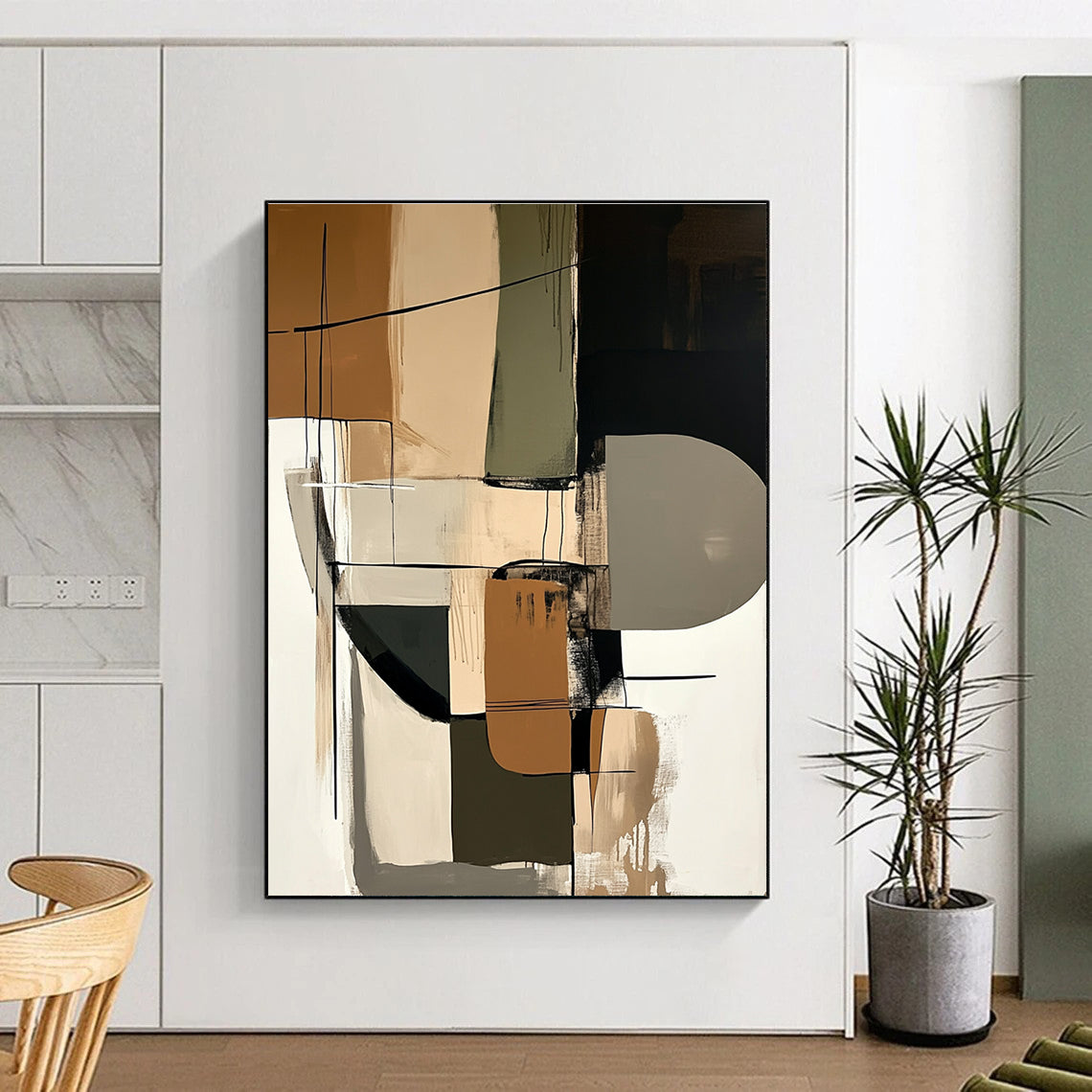 Large abstract painting featuring shapes in beige black and brown that adds sophistication to any space.STSC793