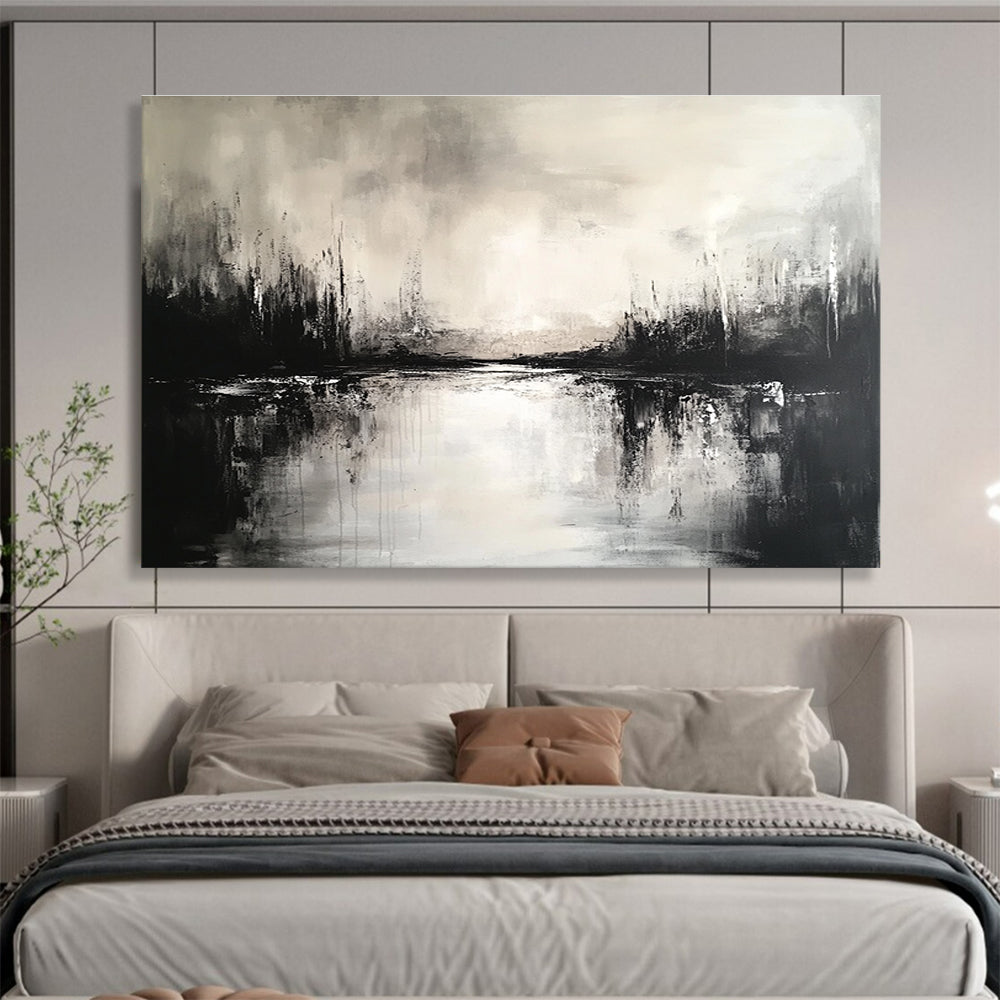 Large abstract painting featuring a black and white landscape with a serene lake and soft reflections, creating an atmospheric ambiance.SC011