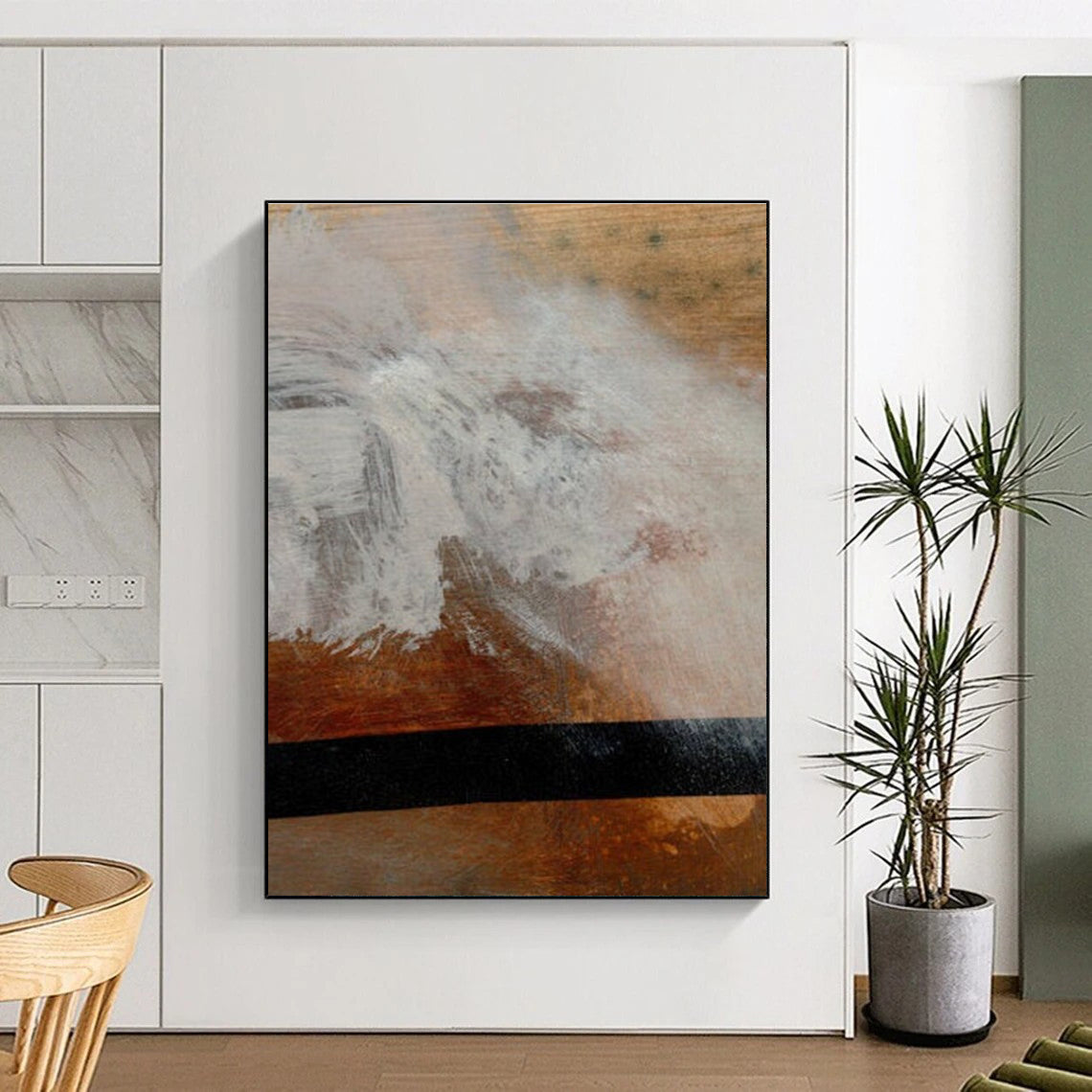 Textured Abstract Painting on Wood with White and Brown Tones ADGE185