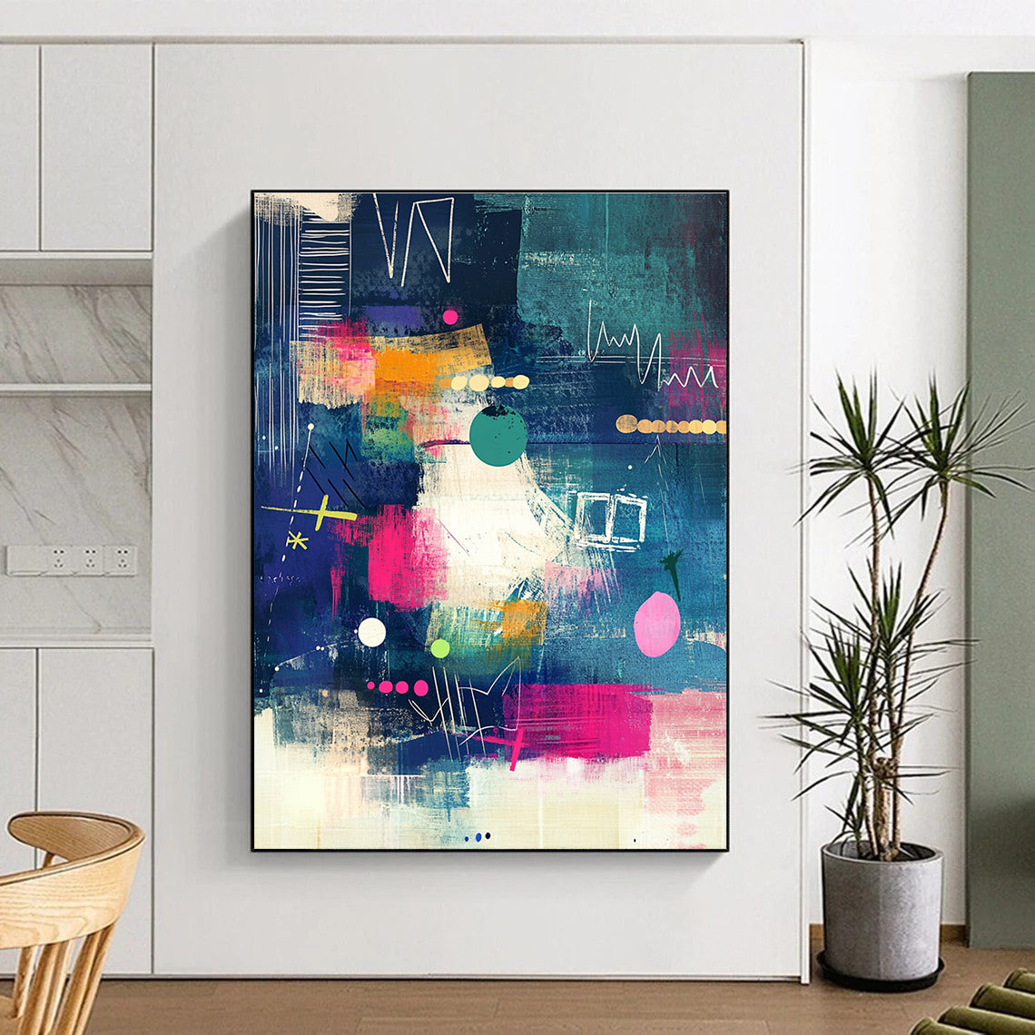 Abstract Art Featuring Playful Patterns and Textures in Blue Pink Green Yellow and Black Ideal for Modern Stationery and Wall Art.STSC966